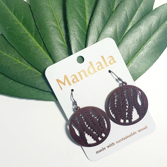 MANDALA Laser Cut Dark Wood Earrings Sterling Siver Botanical Boho Stlye 2" NWT - Picture 1 of 5